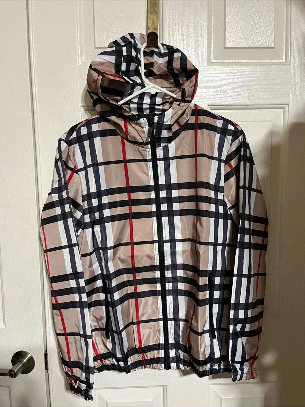Men's Plaid Hooded Windbreaker Jacket - Beige/Black/Red
16-06